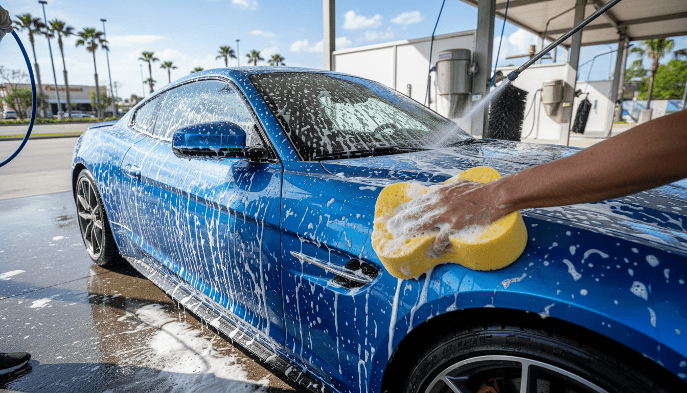 Hand washing a clean blue car at a car wash station