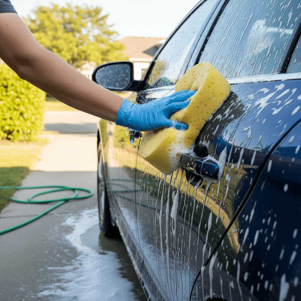 Hand washing a car with a foam sponge