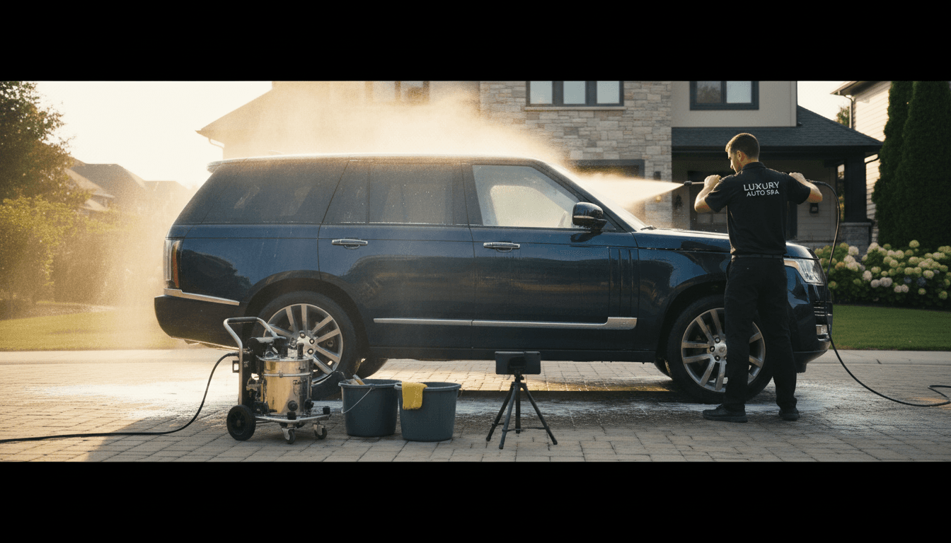 Detailed car wash service cleaning a white SUV with professional equipment