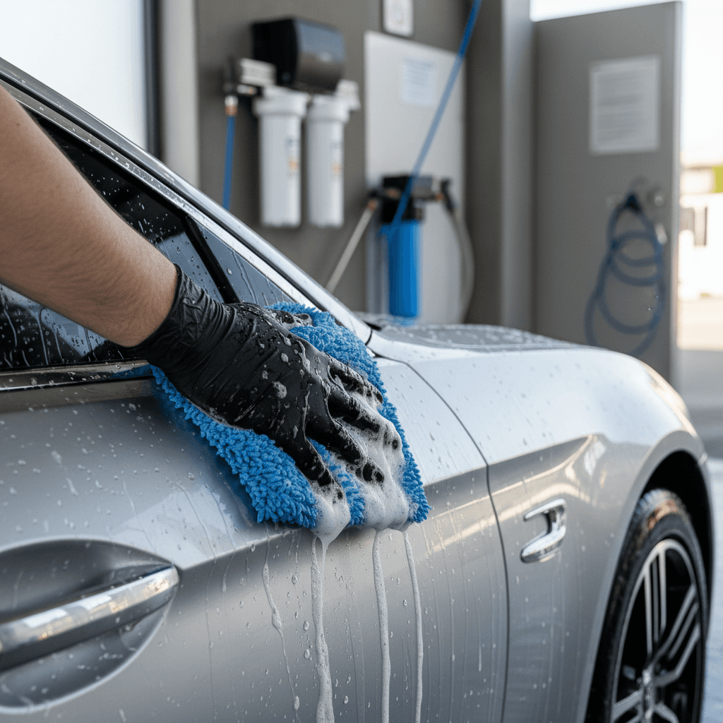 Professional car washer drying a clean shiny vehicle with a microfiber cloth